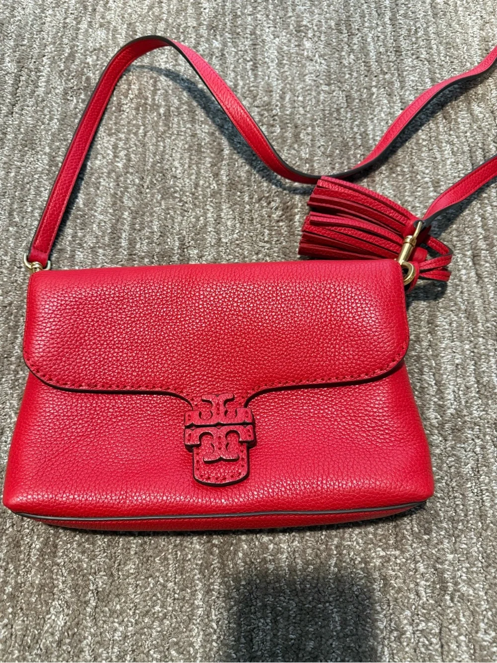 Tory Burch Red Pebbled Leather Crossbody with Tassel